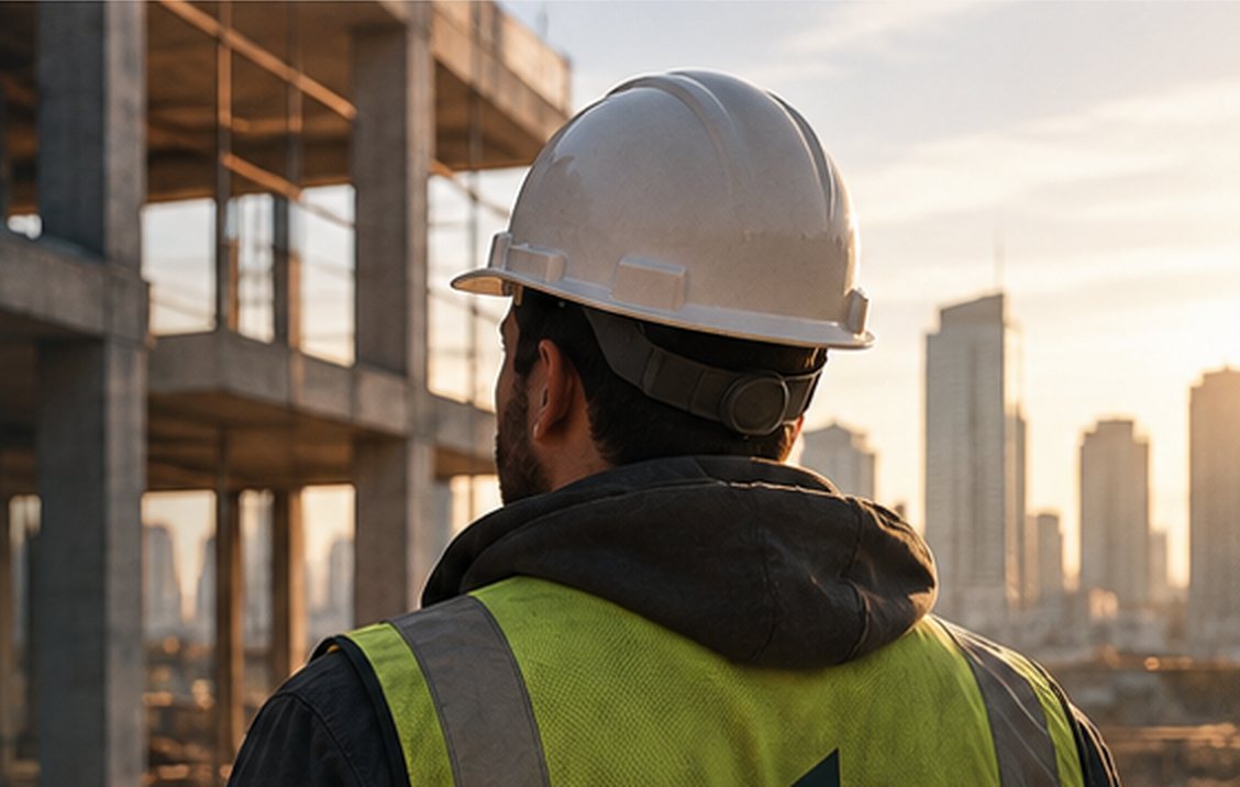 Contractor in a hard hat and safety vest overlooking a building under construction